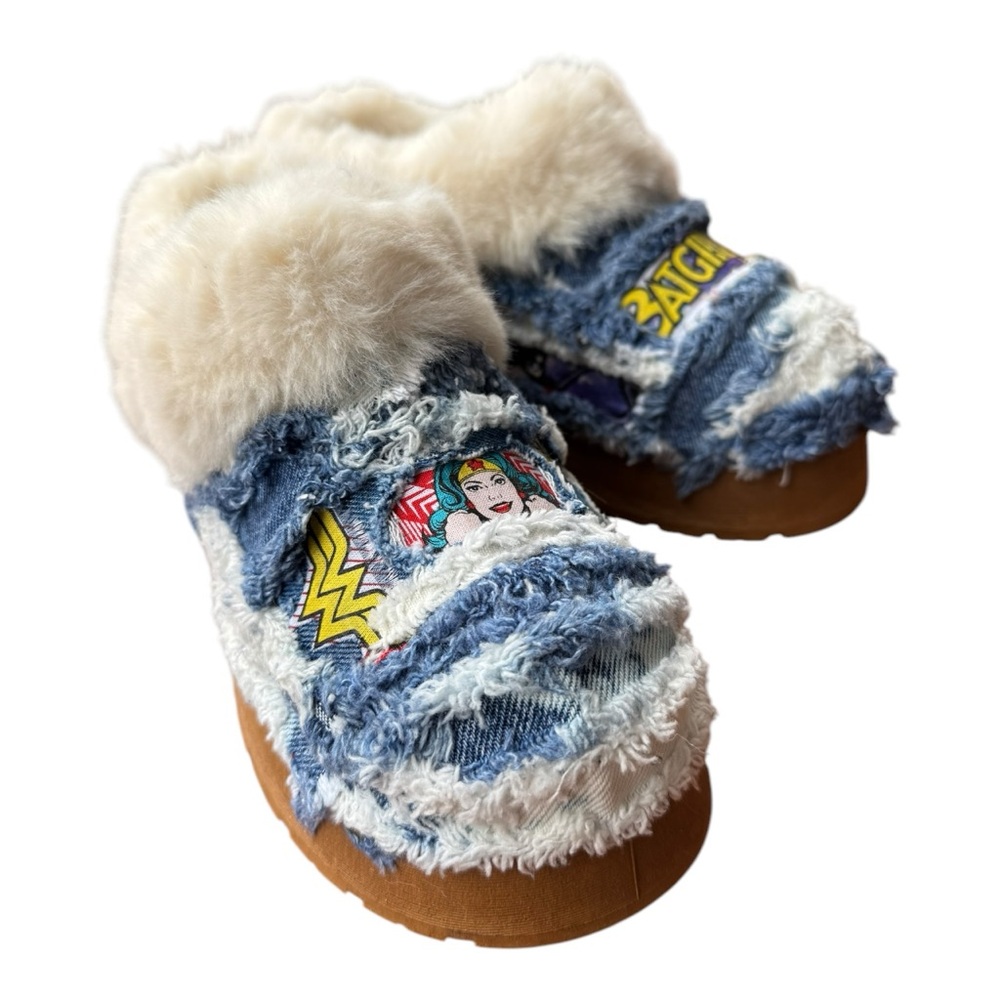 Brand New Blue and White, Bleached Distressed Denim Super Hero Platform Shoe